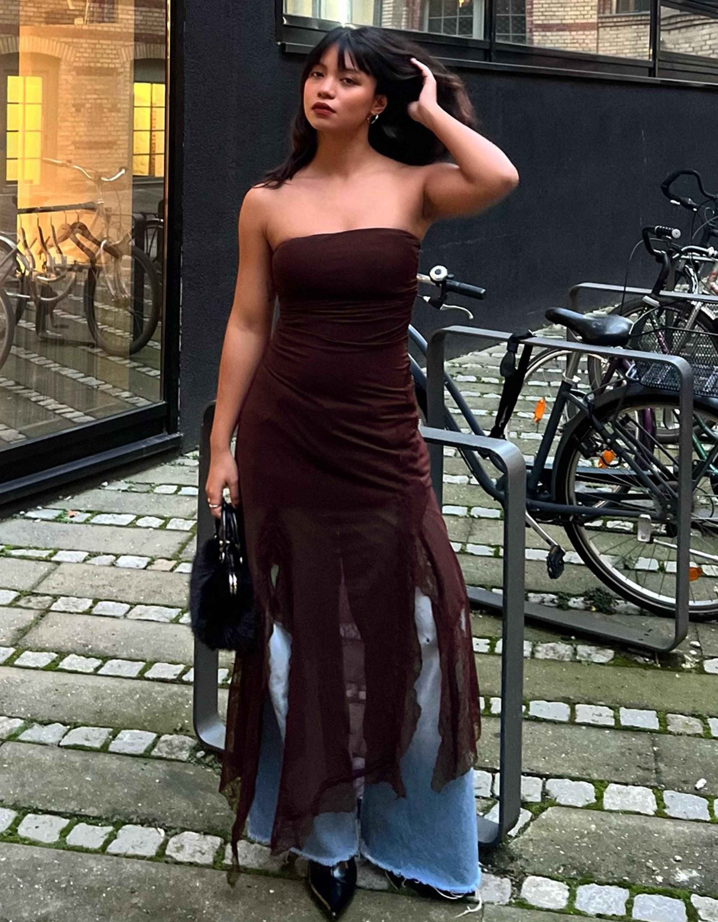 Asimetrik dantel tül bandeau midi elbise - Görsel 19