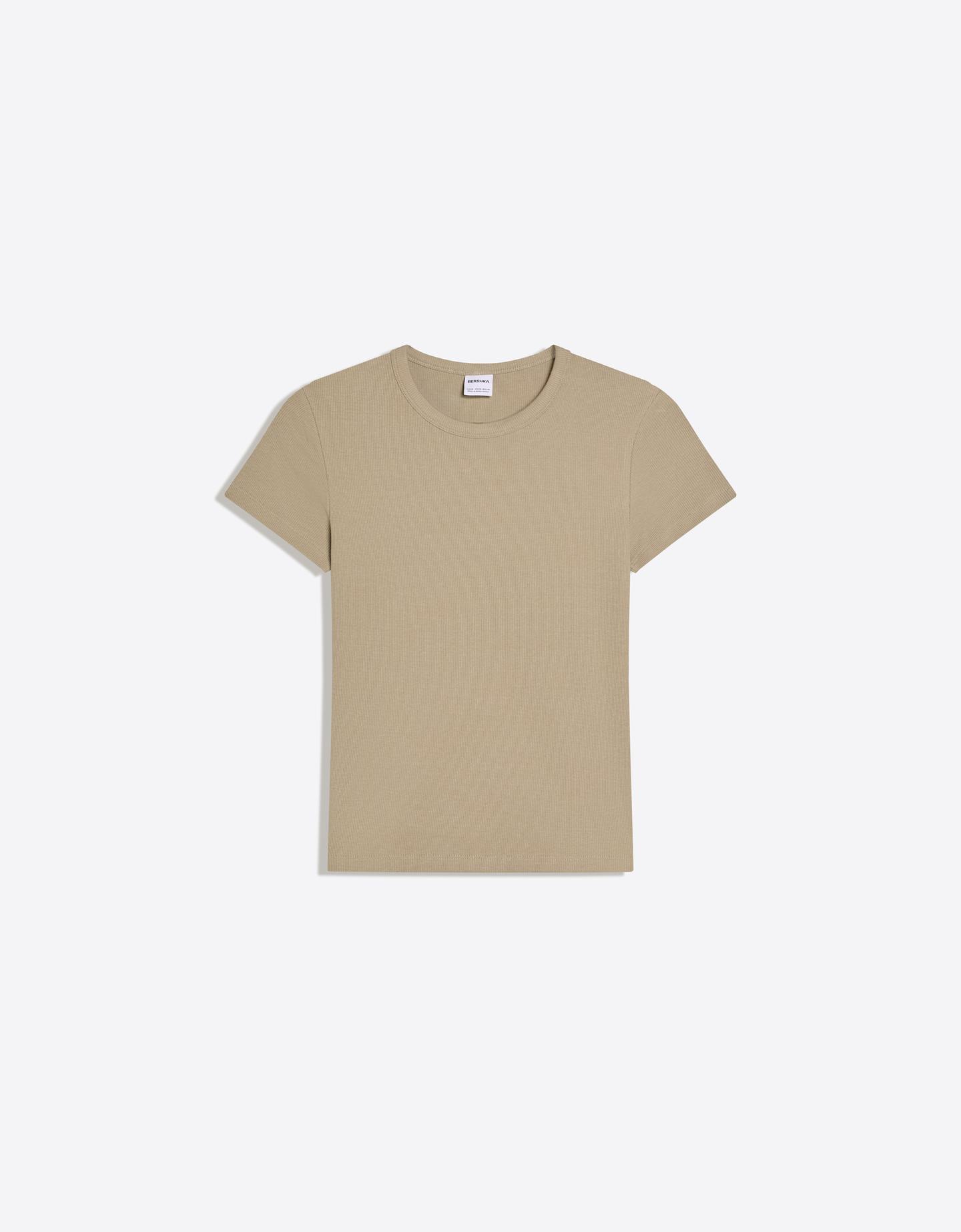 Bershka koszulka basic rib z krótkim rękawem khaki