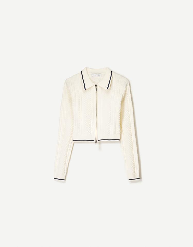 Cable-knit zip cardigan with polo collar