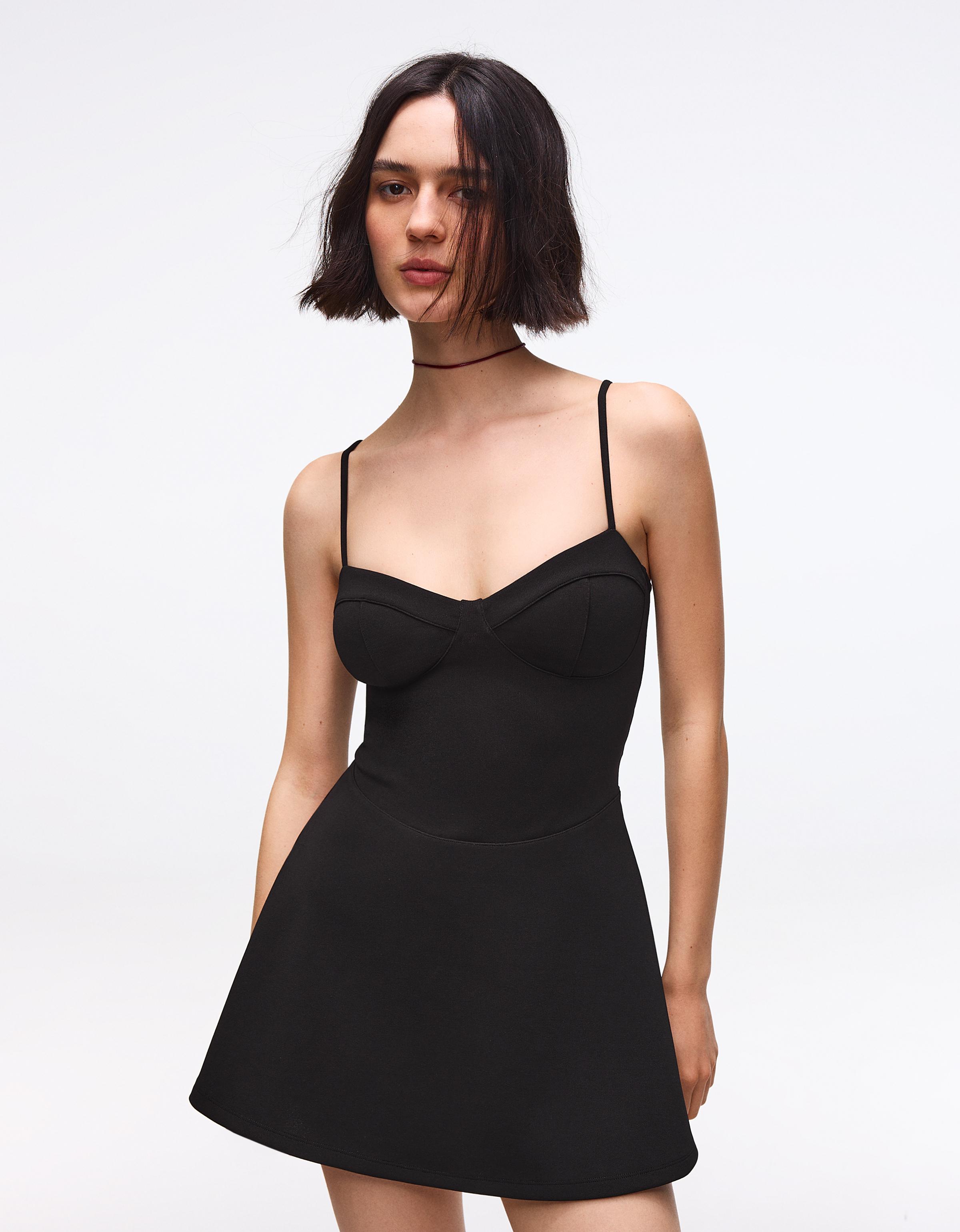 Bershka Vestido Mini Tirantes Corsé Mujer Negro