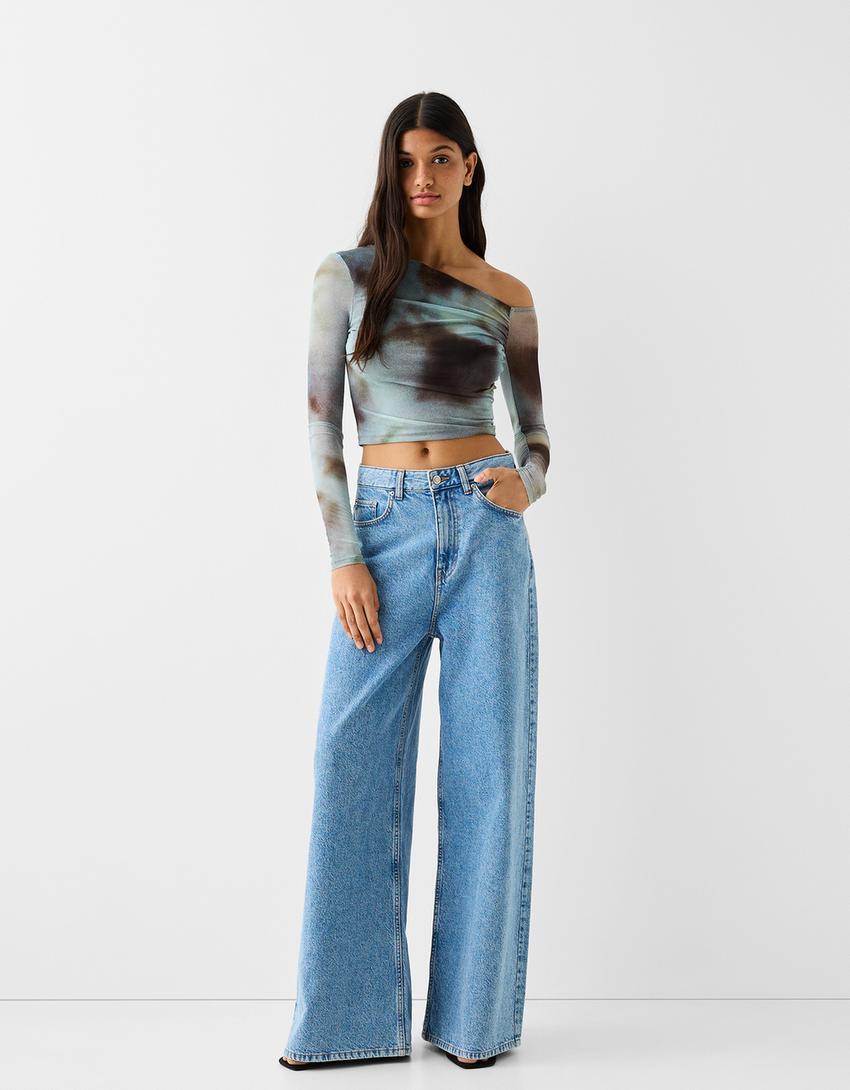 Top à manches longues en tulle imprimé-Bleu-3