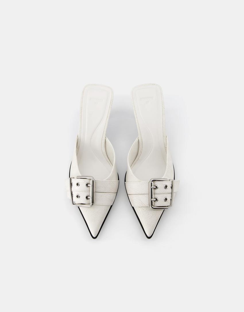Kitten heel mules with buckle-WHITE