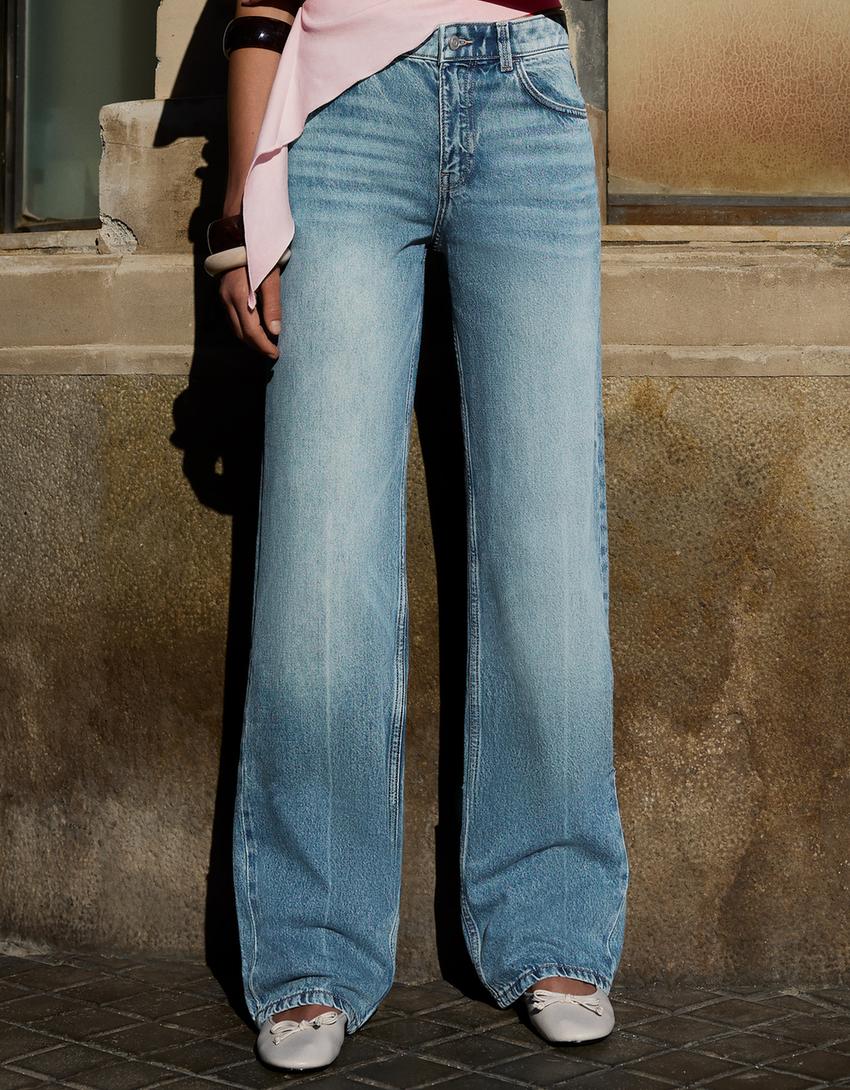 Straight jeans met hoge taille en wijde pijpen-Gewassen blauw