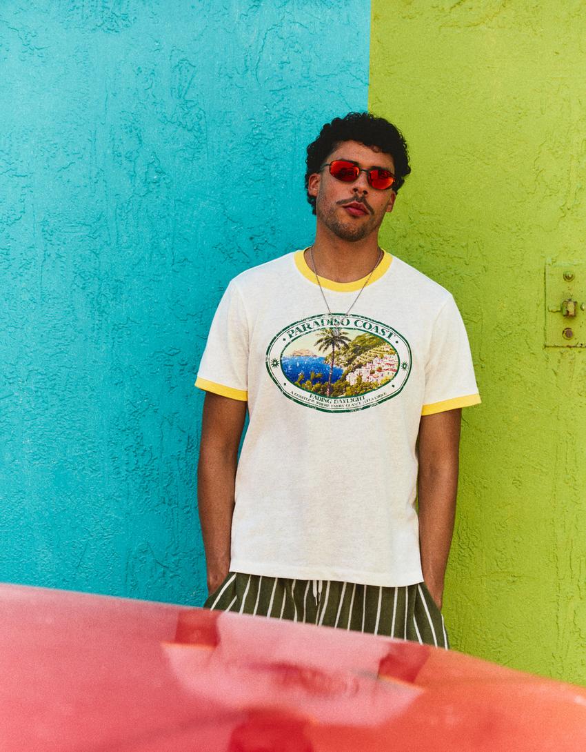 Slub fabric ringer T-shirt-Off white
