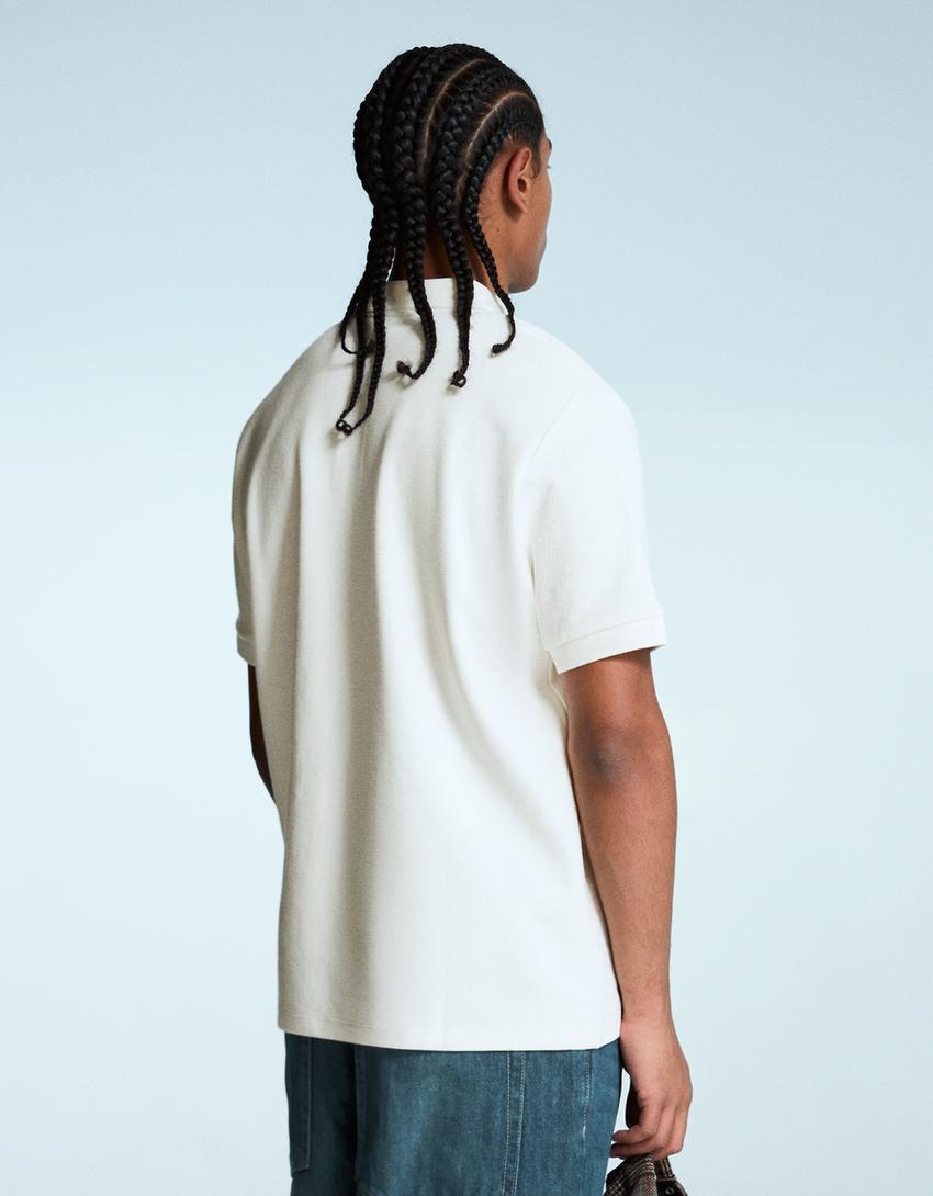 Polo manches courtes structure brodée-Blanc cassé