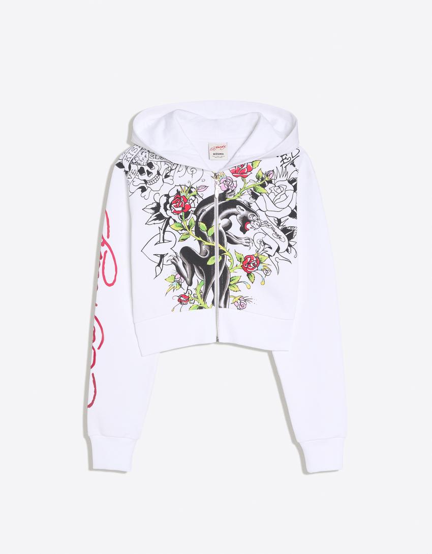 ED HARDY X BERSHKA print hoodie-Off white