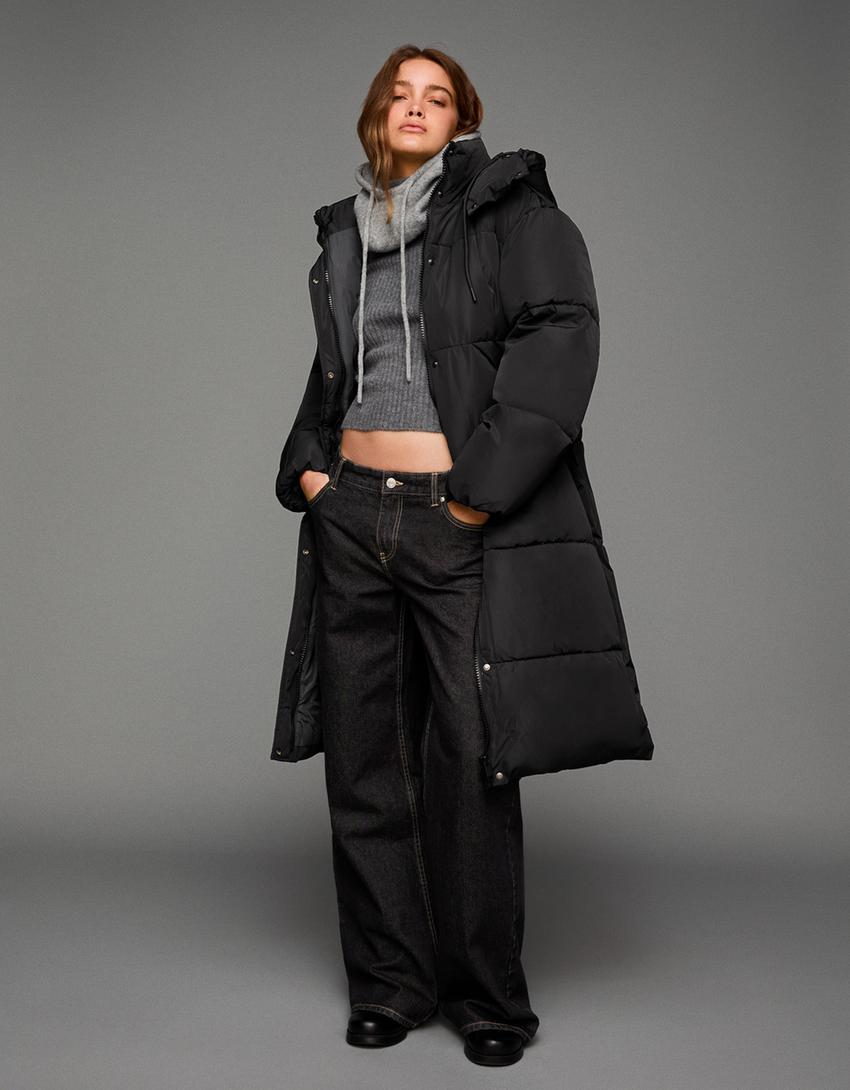 Long hooded puffer coat-Black
