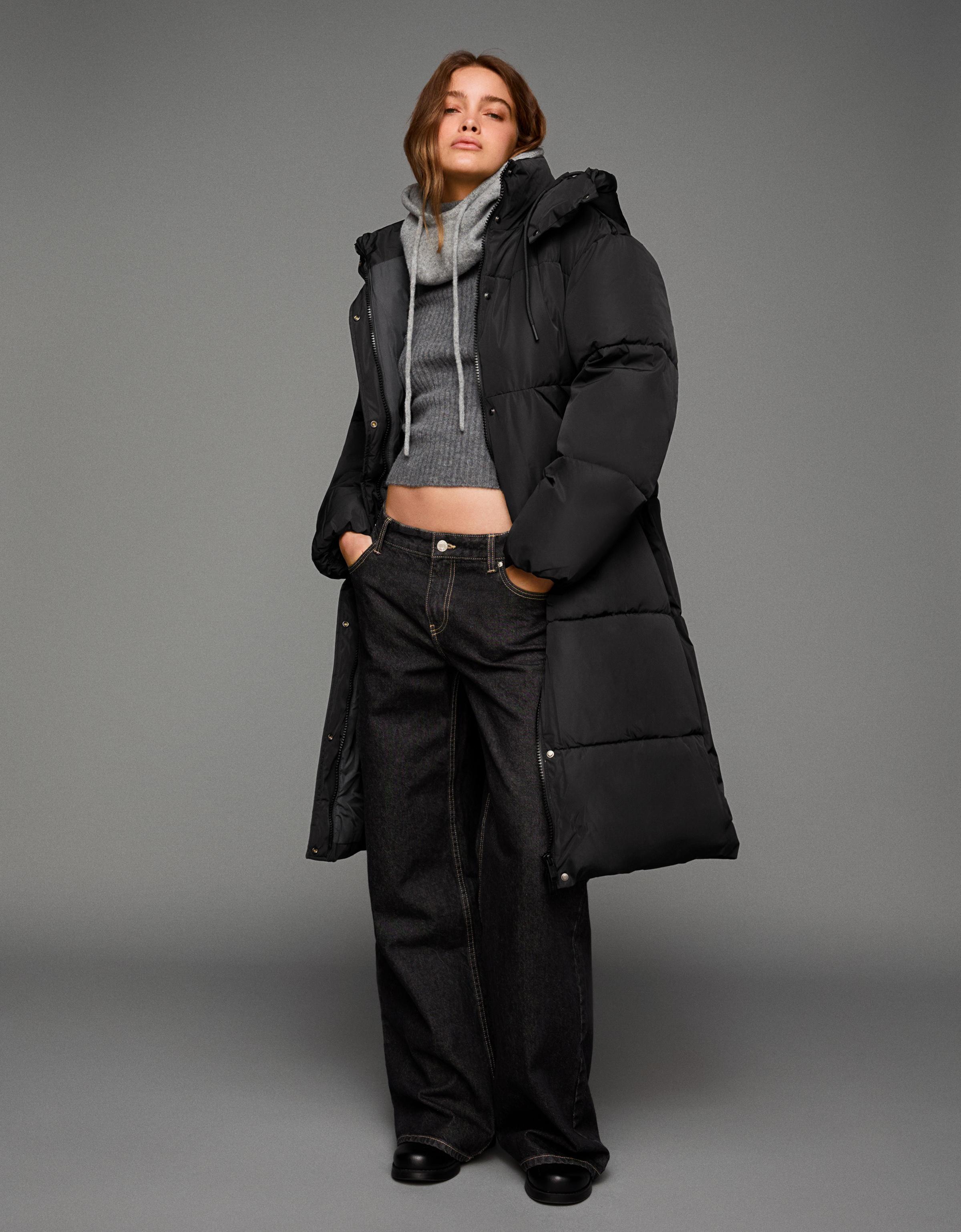 Bershka Langer Puffer-Mantel Mit Kapuze Damen L Schwarz