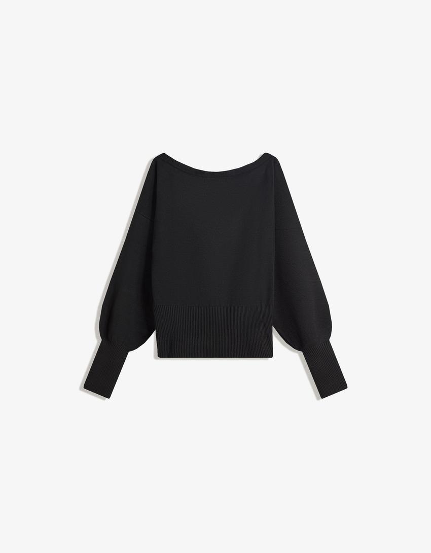 Asymmetric sweater with ribbed hem-Black