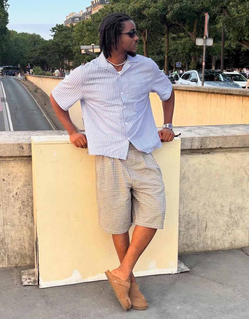 Short-sleeved striped shirt-Light blue