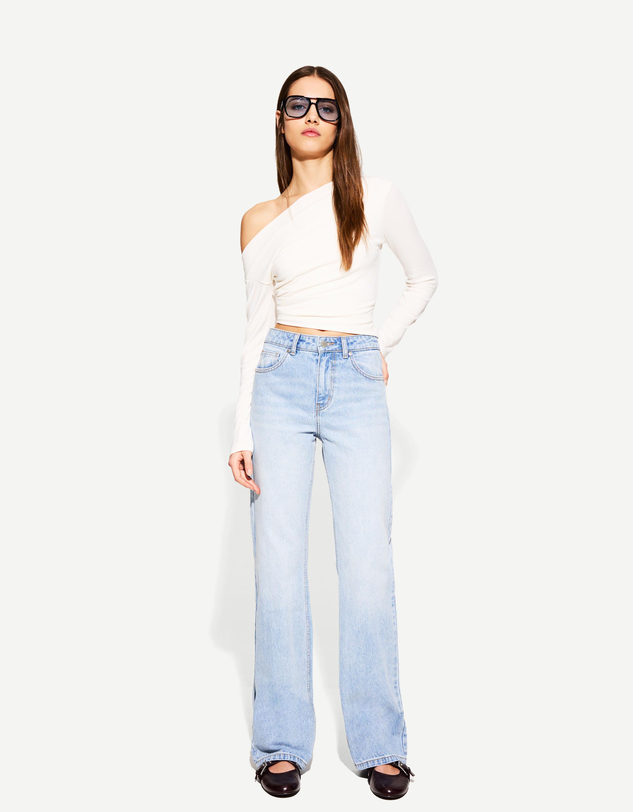 Bershka Straight-Jeans Mit Wide-Leg Damen 44 Ausgewaschenes Blau