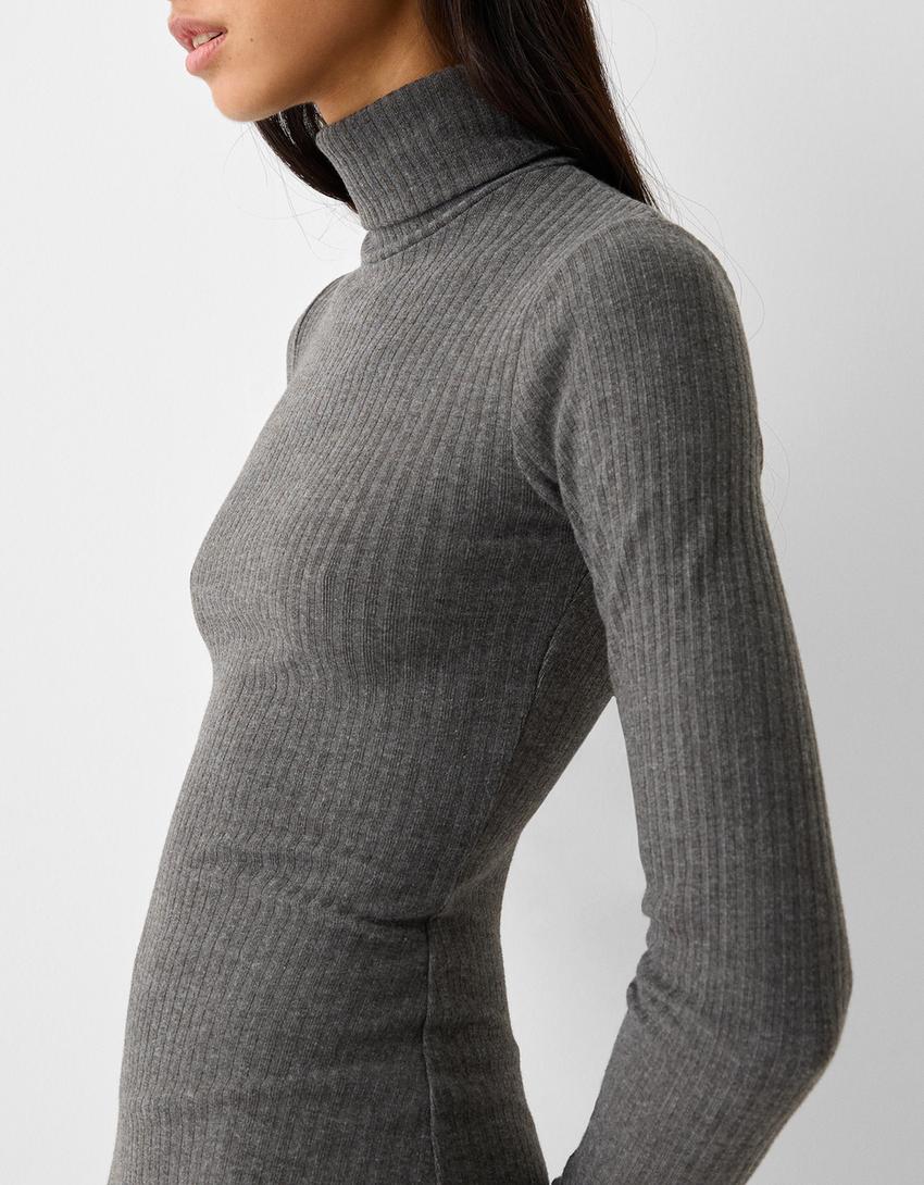 Ribbed knit high neck dress with long sleeves-Dark grey