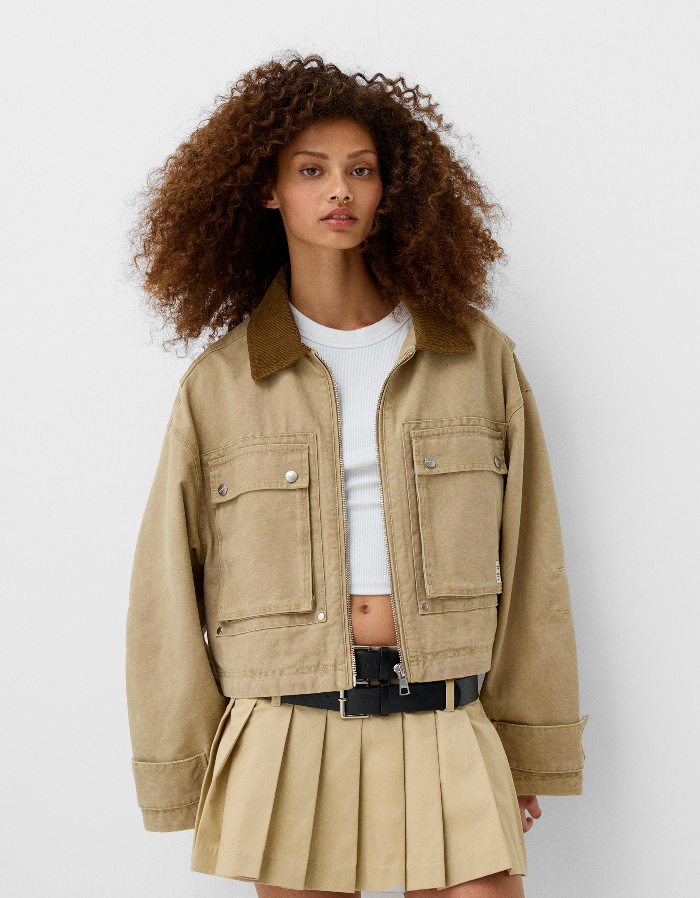 Bershka Cropped-Jacke Mit Farblich Abgesetztem Kragen Damen L Camel