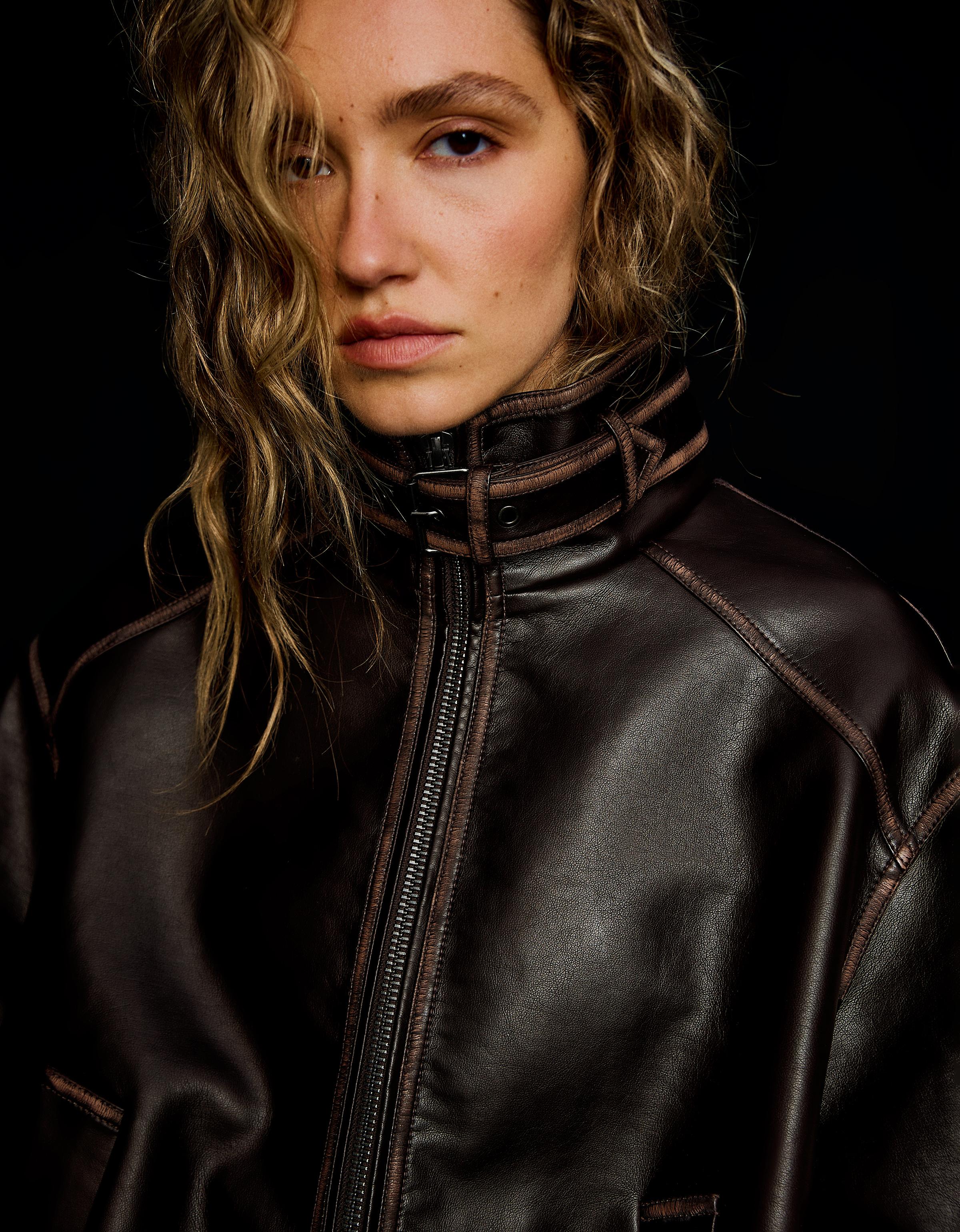 Leather effect funnel neck jacket — Brown