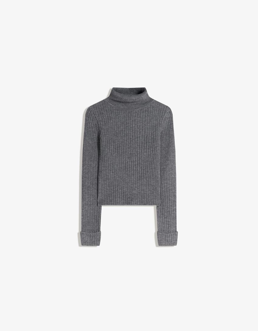 Jersey cuello alto canalé-Gris oscuro