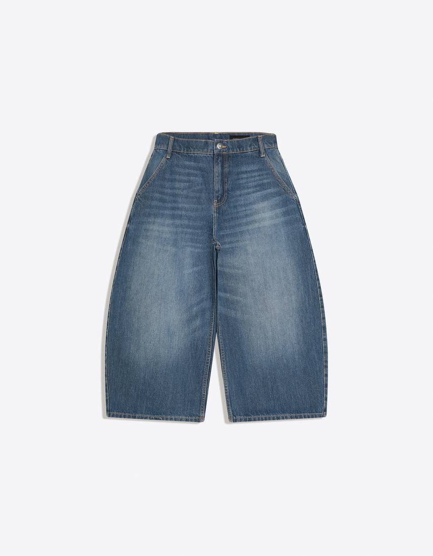 Slouchy denim bermuda şort-Açık mavi