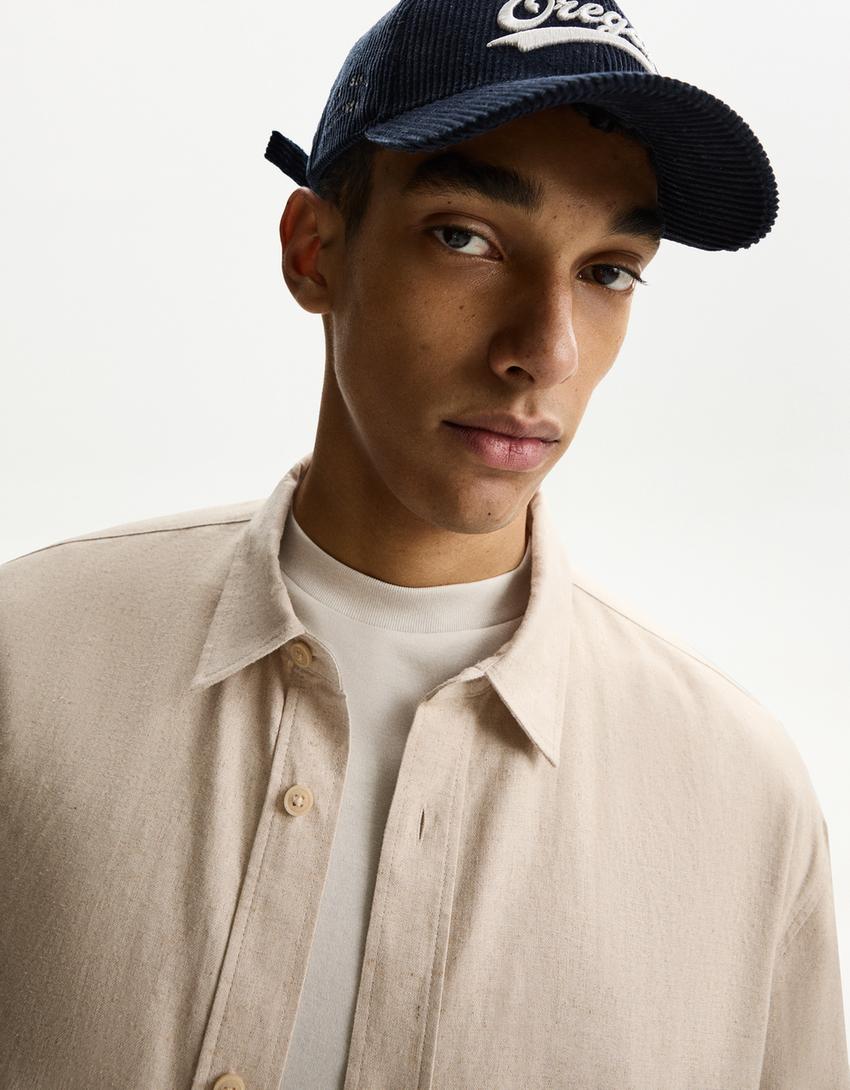 Short sleeve linen blend shirt-Sand