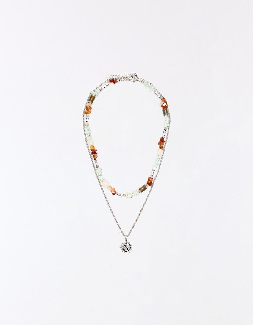 Collier pierres et acier inoxydable-Marron