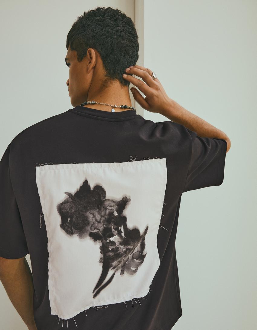 Baskılı interlok şardonlu sweatshirt-Siyah