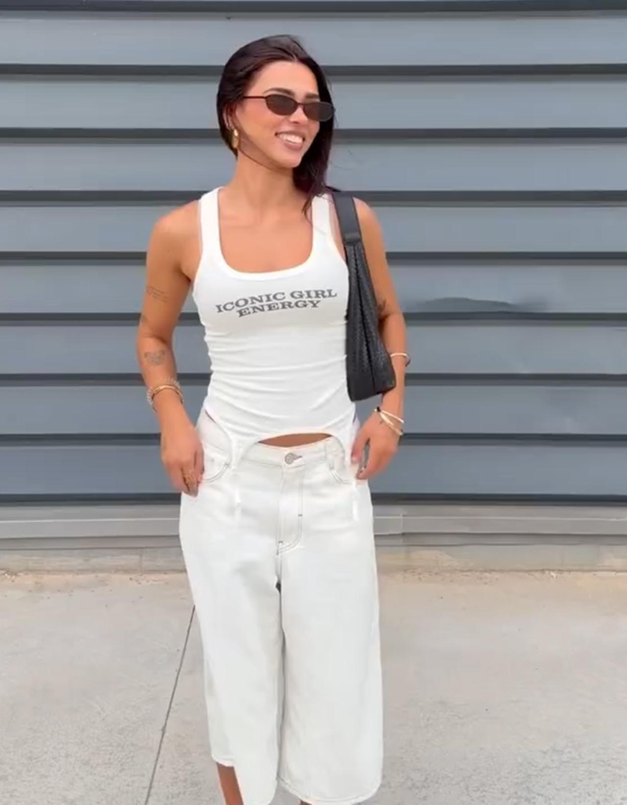 Garter belt effect print vest top — Off white