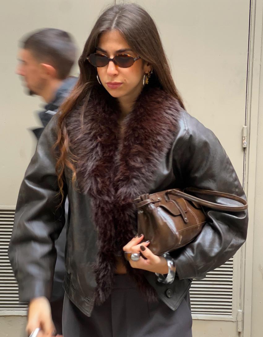 Suni deri kürk yakalı ceket-Kahverengi