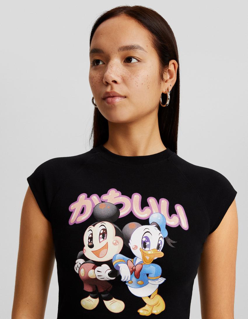 تيشرت بأكمام قصيرة وطبعة ميكي ماوس ودونالد داك-أسود-2