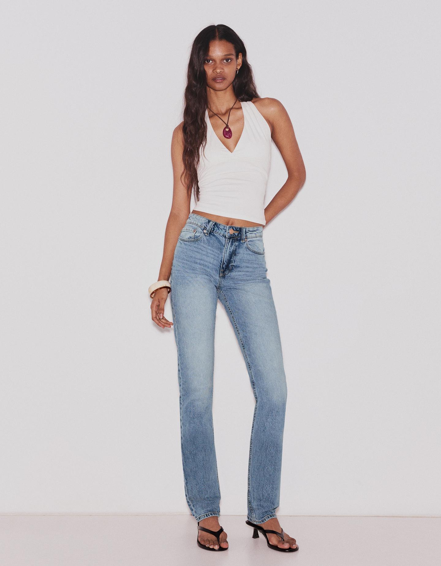 Bershka Jeans Mom Fit Vita Alta Donna 40 (Eur 36) Azzurro Lavato