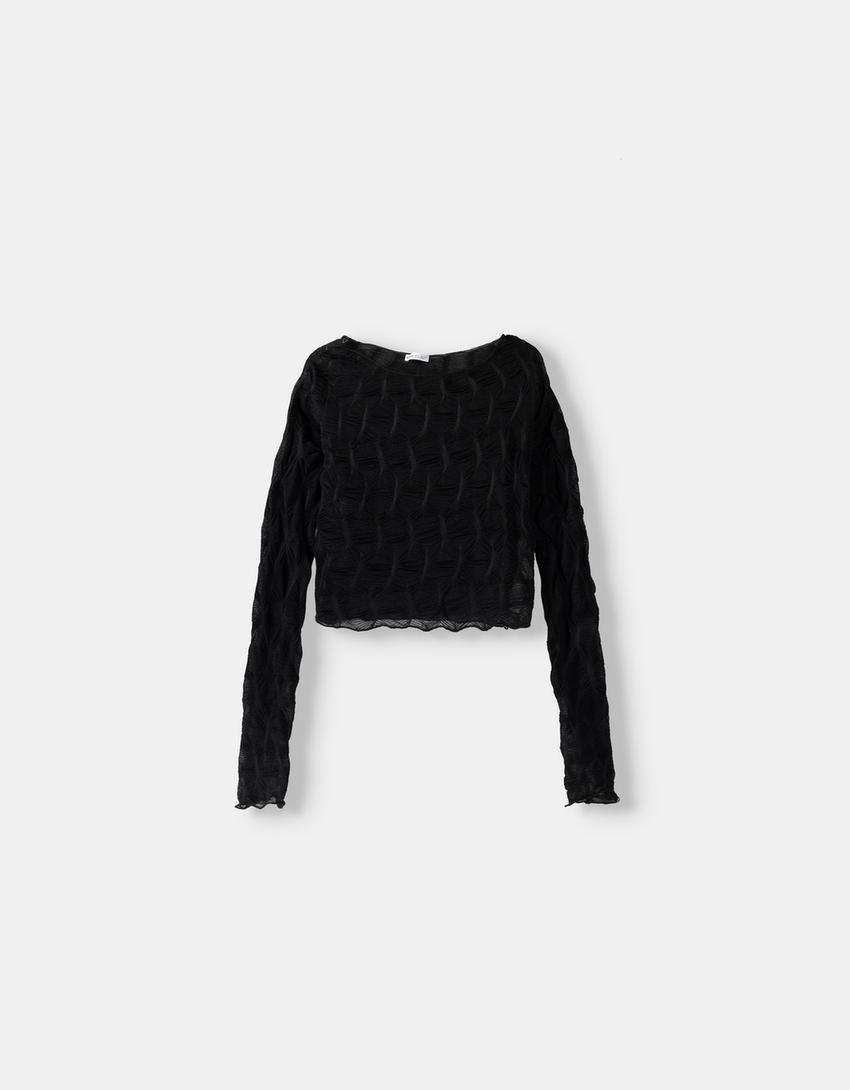 Long sleeve textured Bardot T-shirt-Black-5