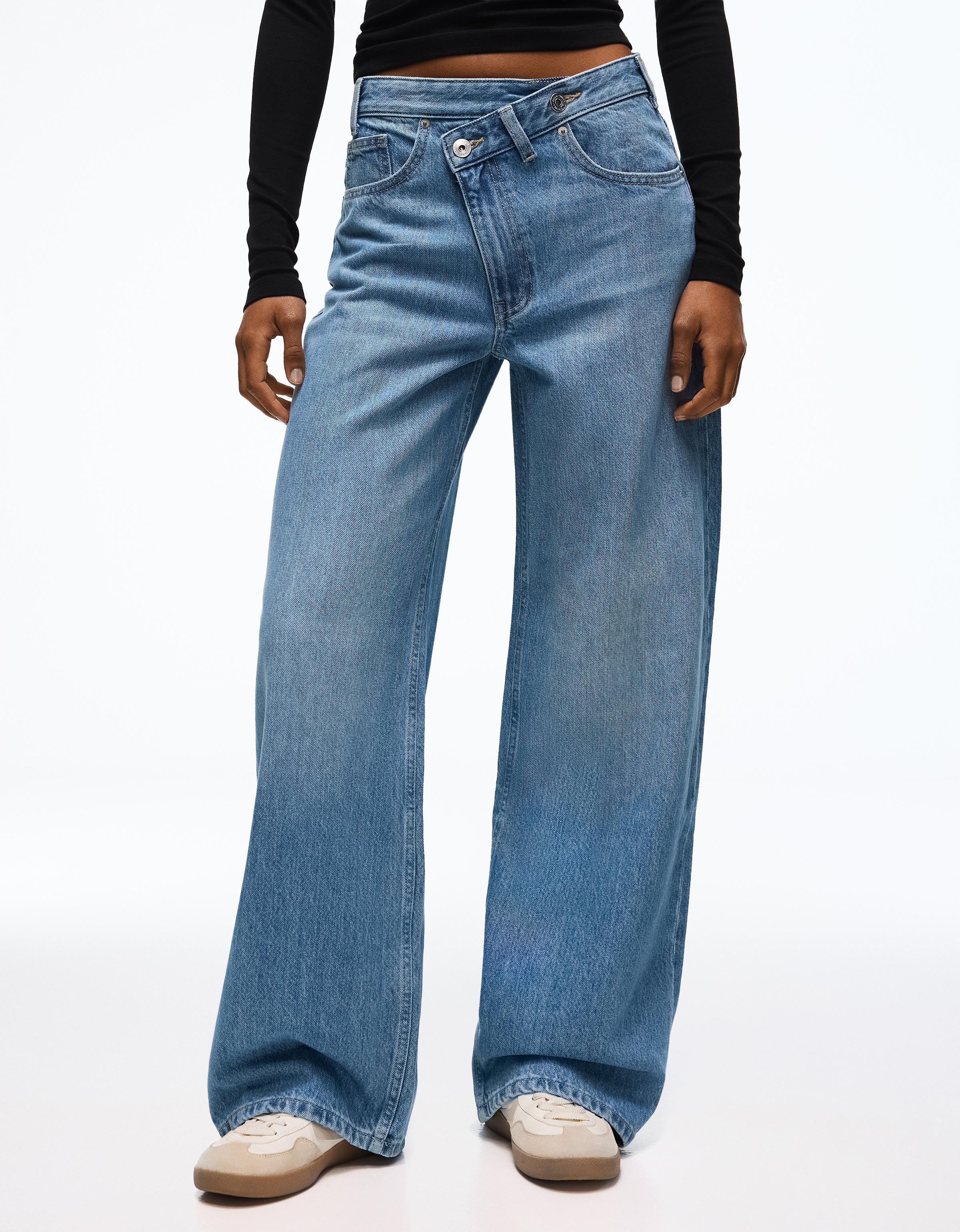 Wide-leg cross-waist jeans — Light blue