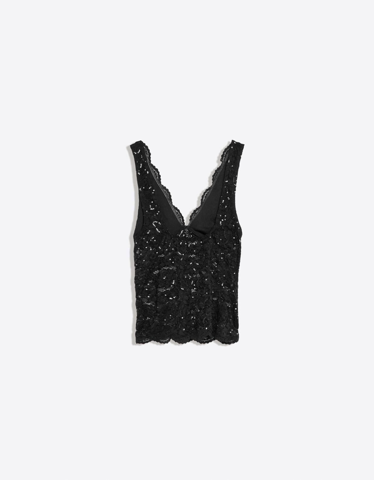 V-neck lace sequin top — Black