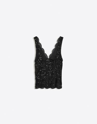 V-neck lace sequin top — Black 6