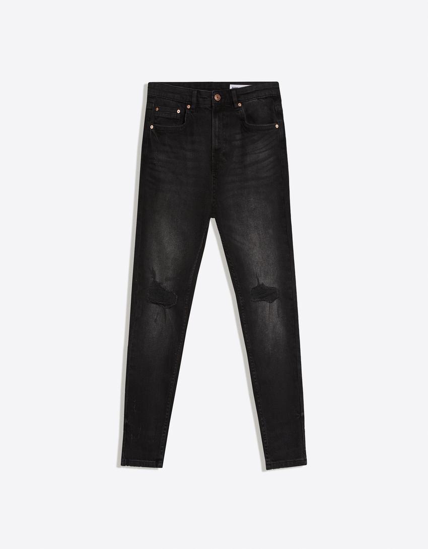 Carrot fit jeans met scheuren-Zwart