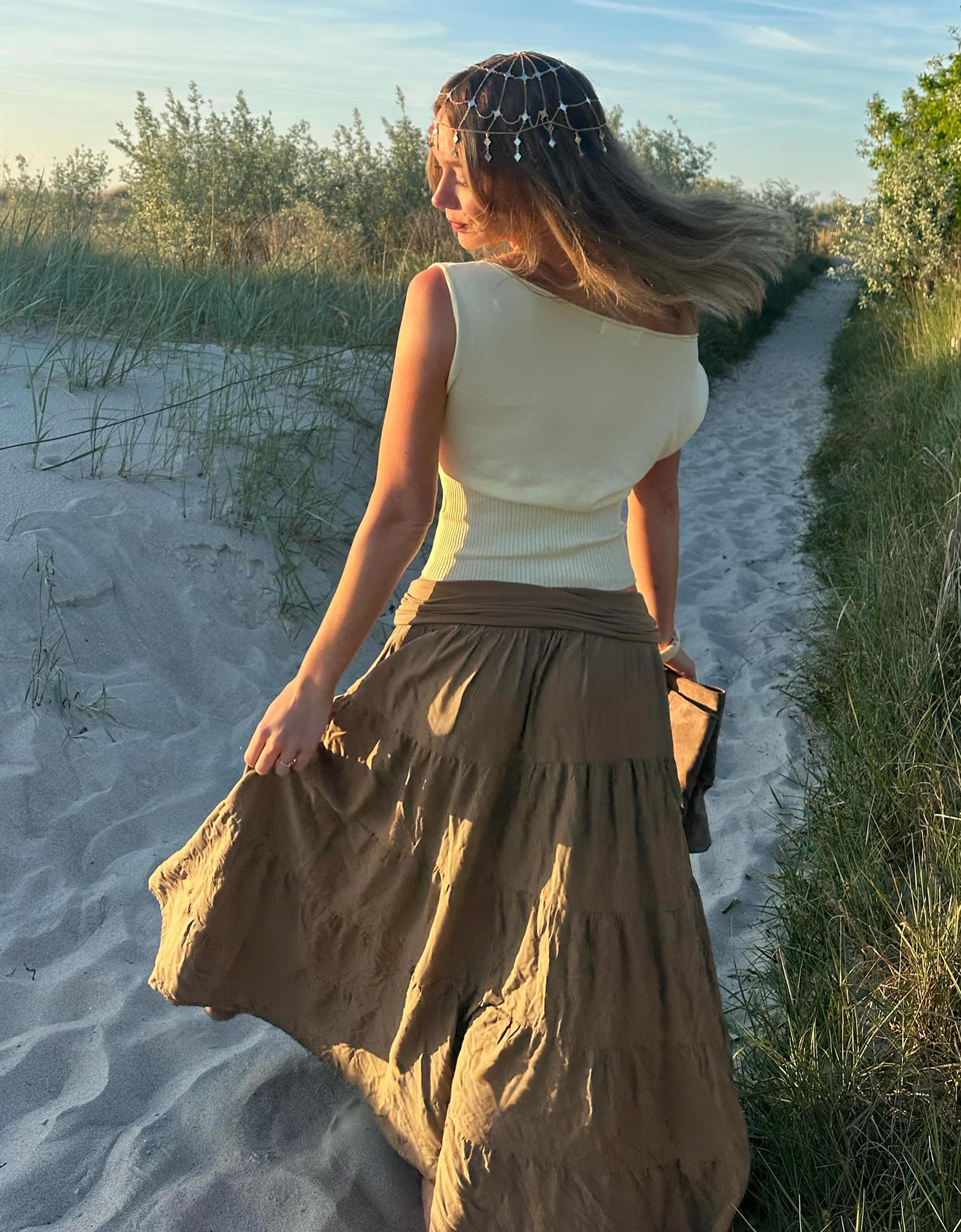 Fold-over waist midi skirt — Khaki