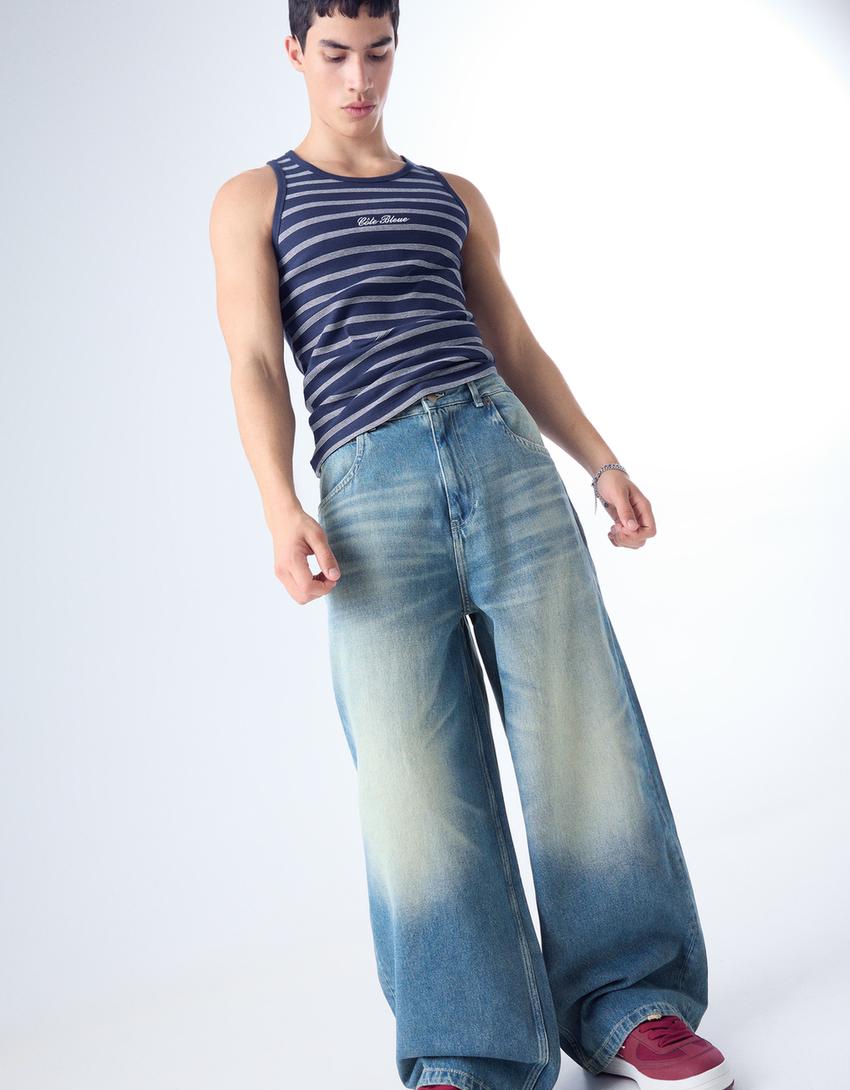 Jeans baggy con fibbia posteriore-Azzurro Lavato