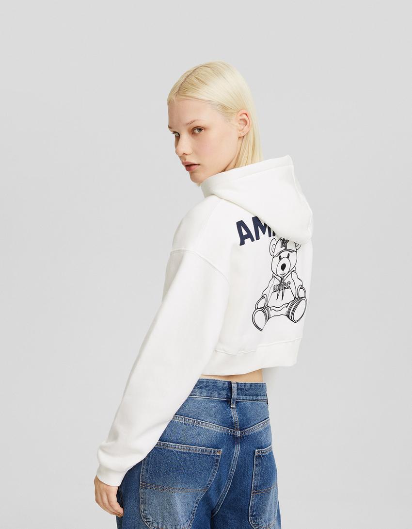 Sweat capuche cropped fermeture Éclair imprimé-Blanc cassé-1