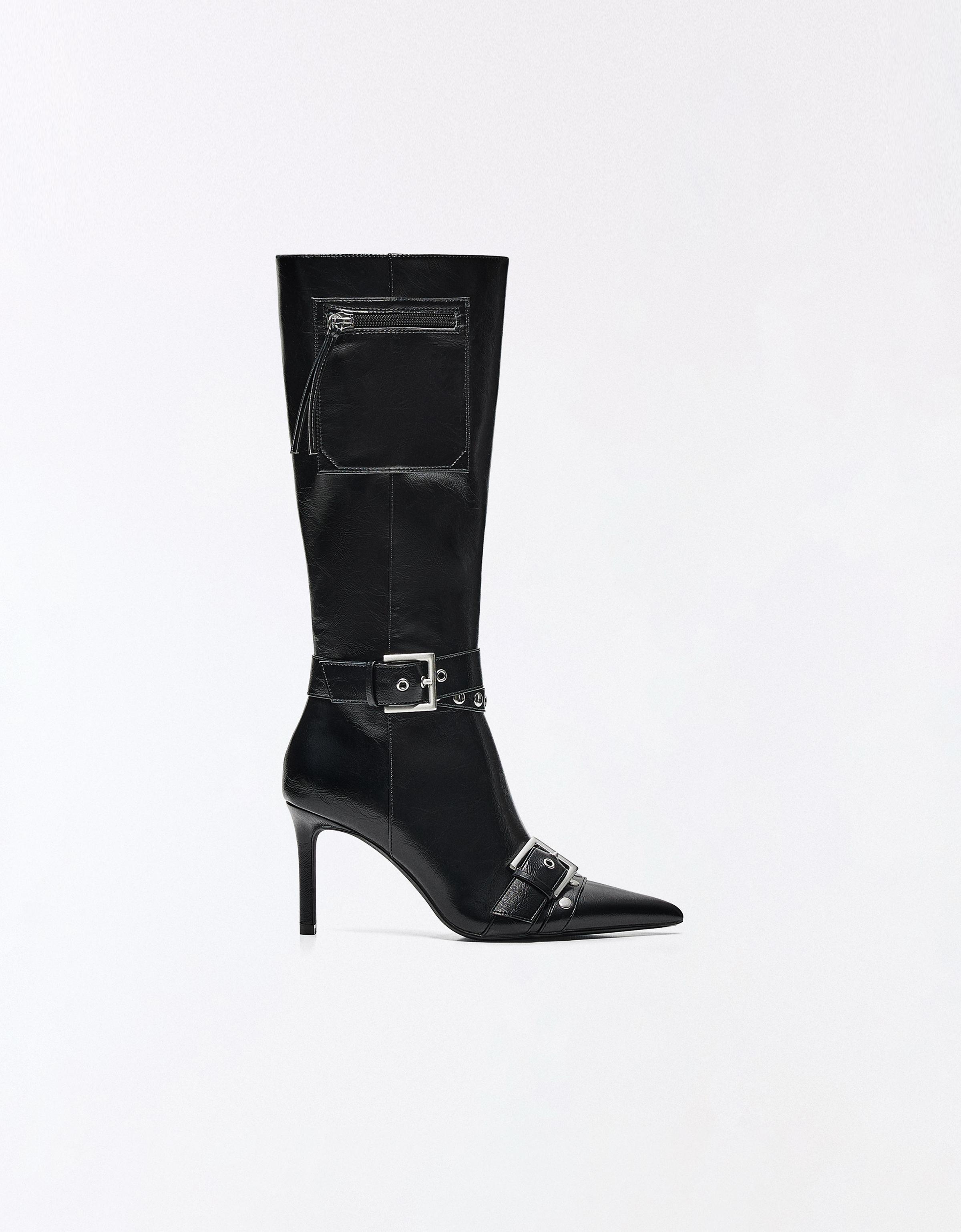 Heeled boots with buckle detail — BLACK
