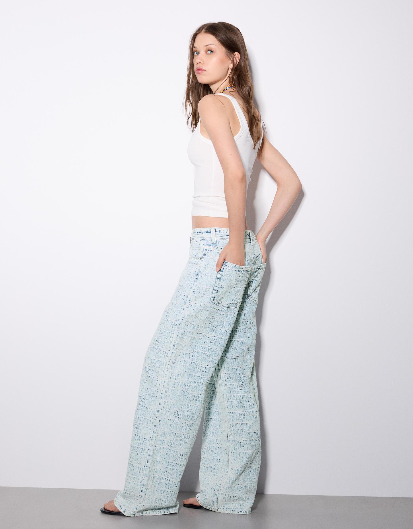 Bershka Jeans Boyfriend Jacquard Texture Vita Bassa Donna 46 (Eur 42) Azzurro Lavato