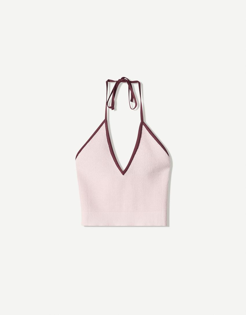 Top med halterneck og kontrast-Pink-3