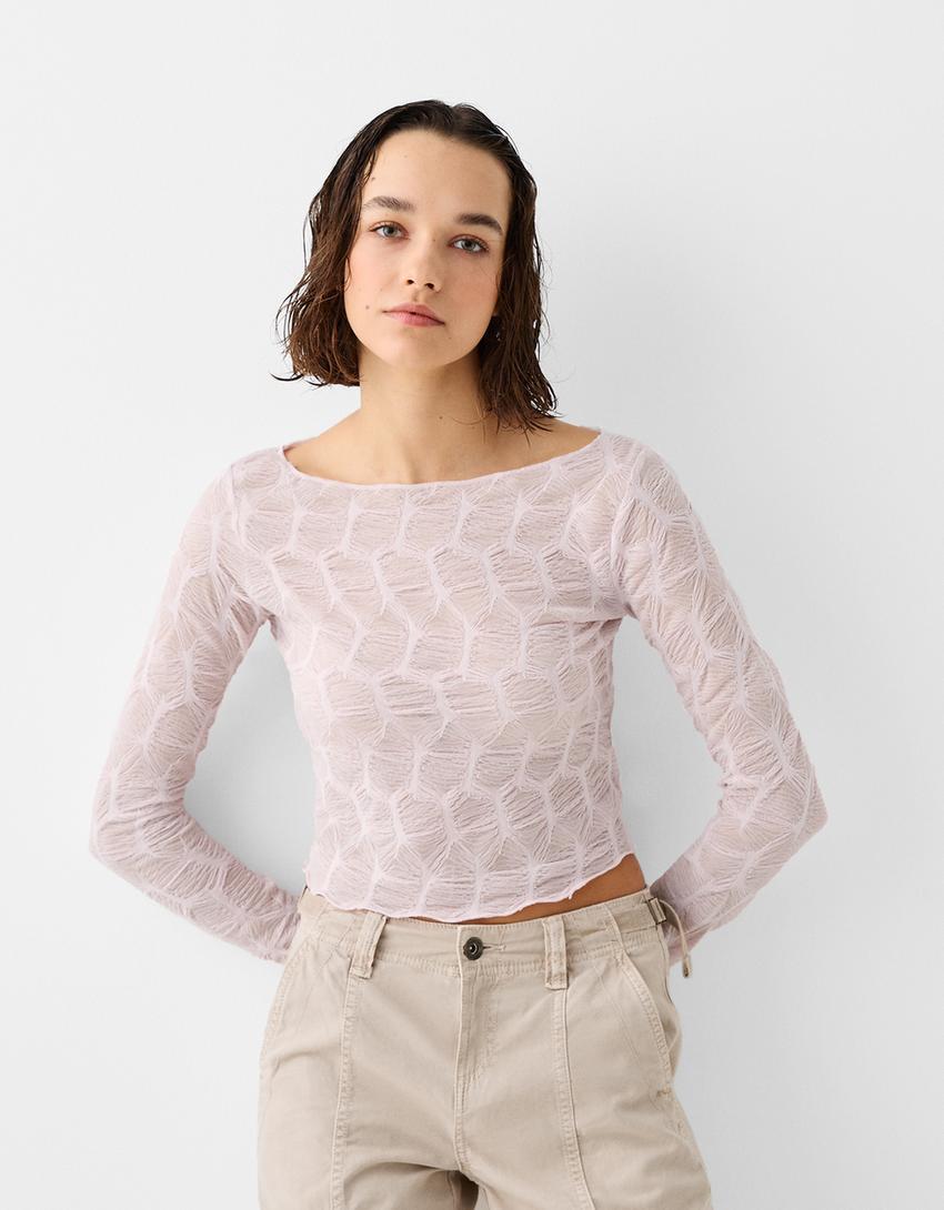 Long sleeve textured Bardot T-shirt-Pink-1