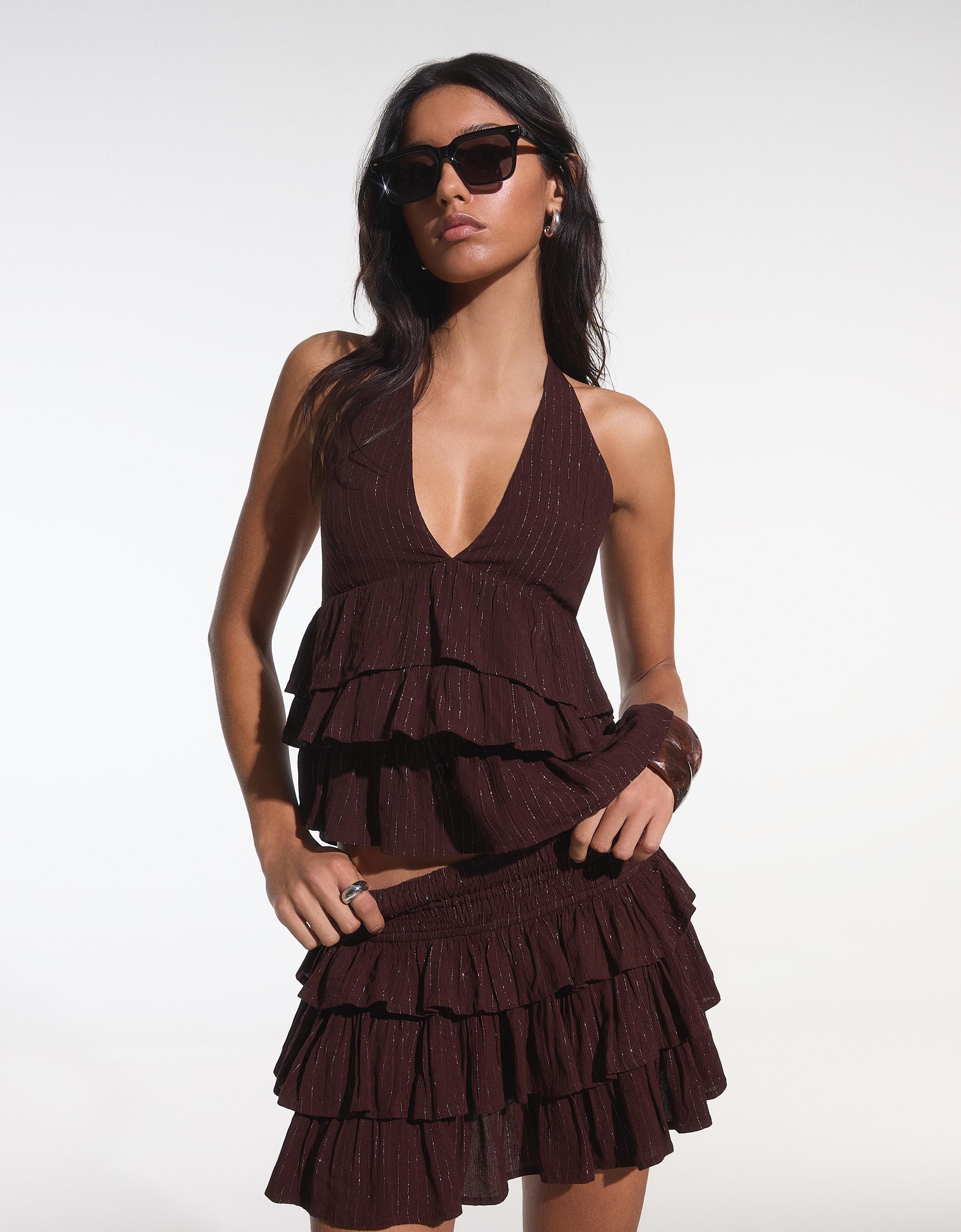 Metalik iplikli fırfırlı mini etek - Görsel 12