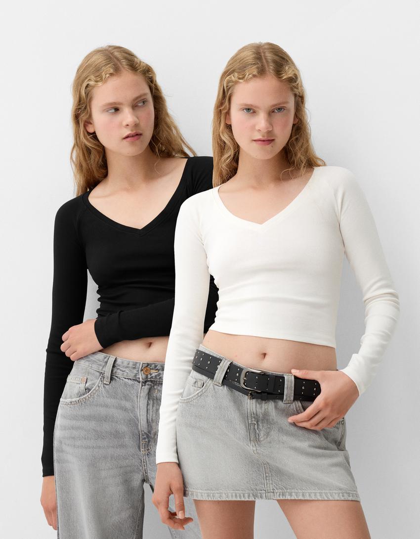 2-pack of long sleeve V-neck T-shirts - Women | Bershka
