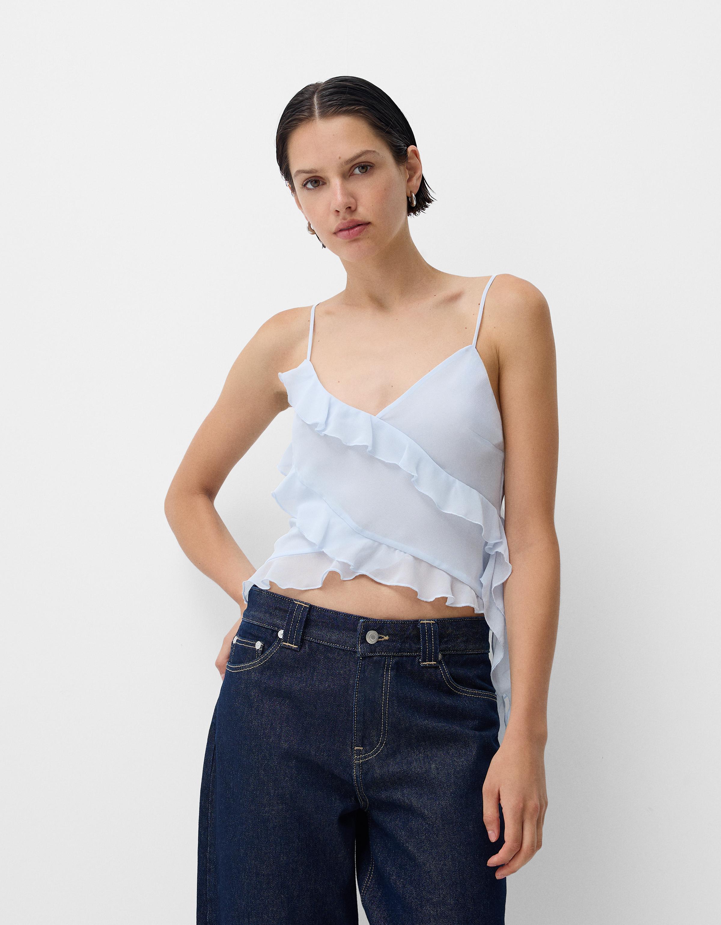 Bershka Top Aus Chiffon Mit Volants Damen M Hellblau