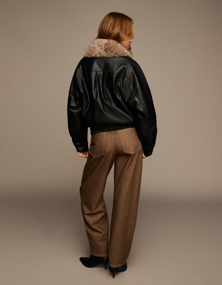 Faux leather jacket with faux fur collar-Black
