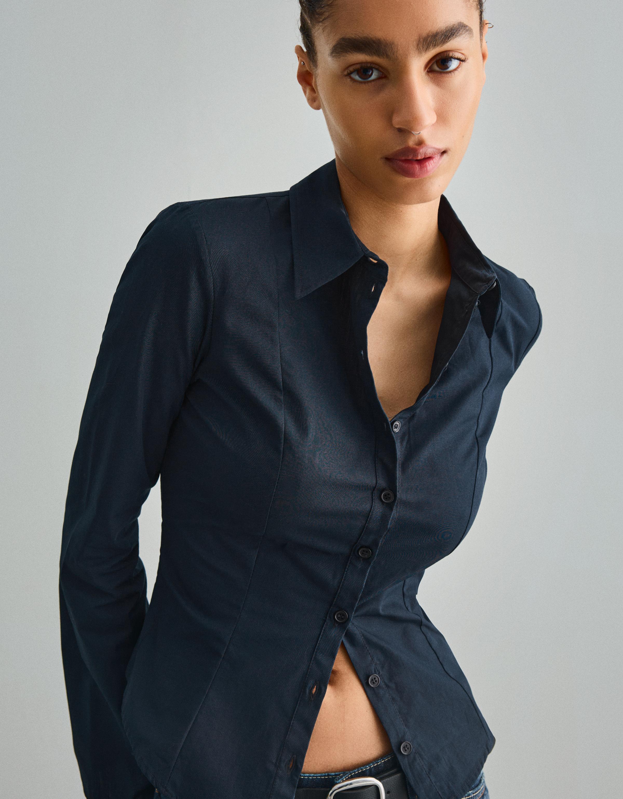 Bershka Camisa Entallada Manga Campana Mujer L Marino