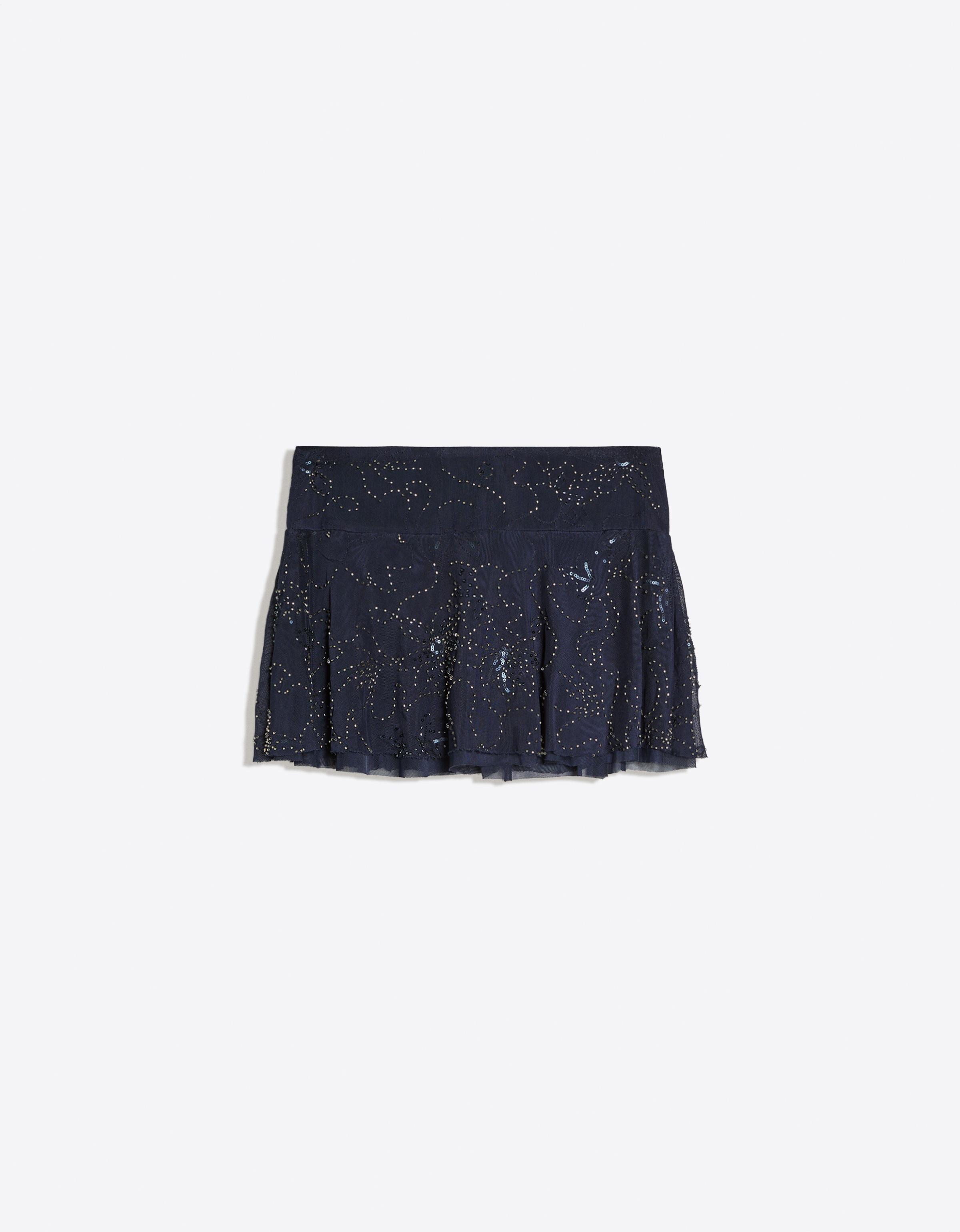Embroidered ruffle mini skirt — Navy