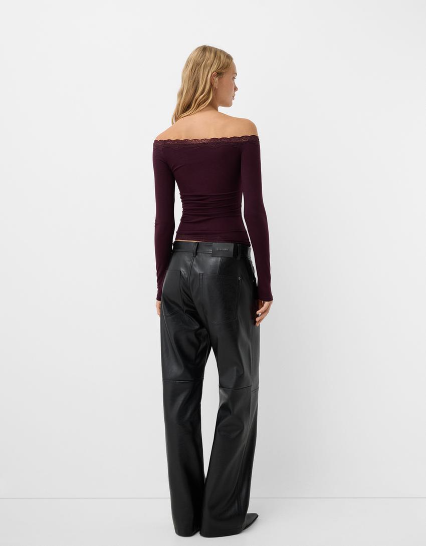Pantalon regular en similicuir-Noir-2
