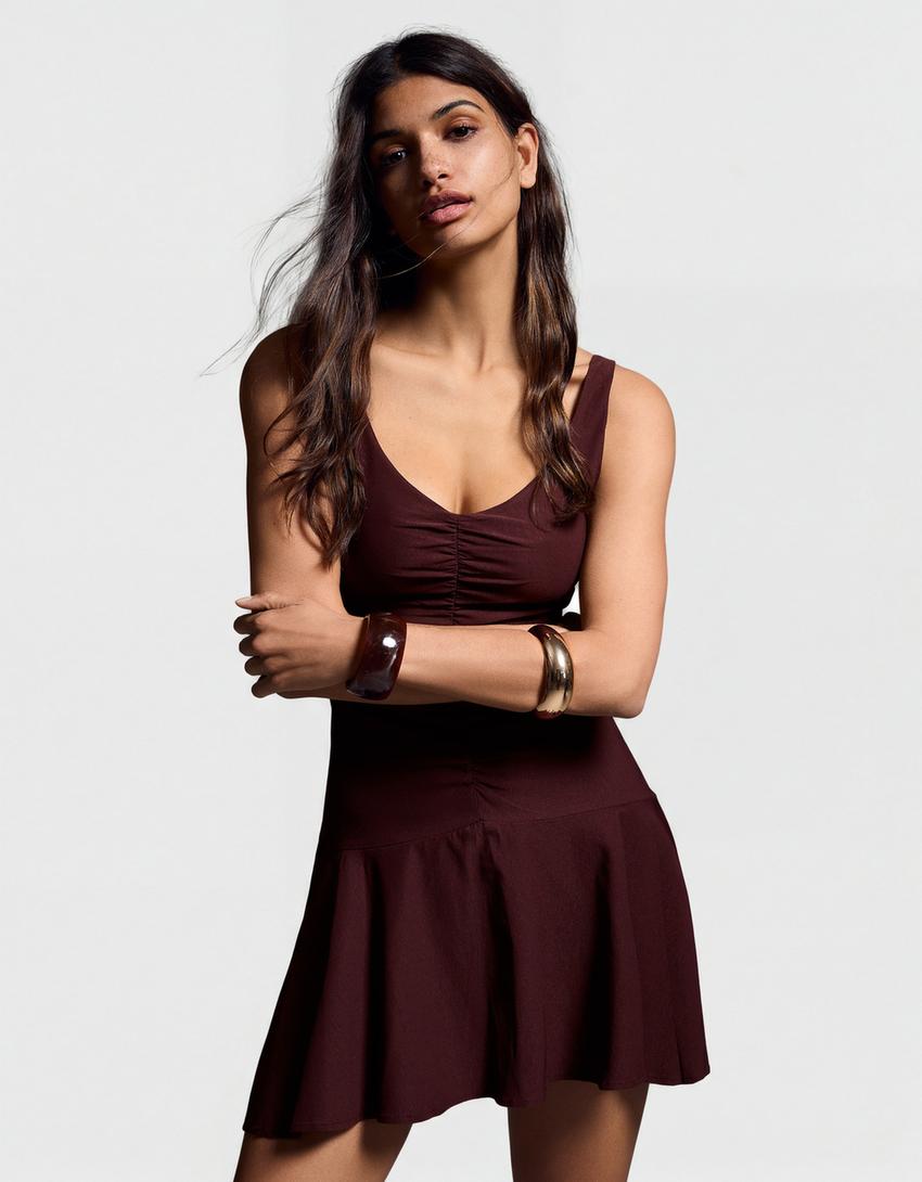 Ruched mini dress-Brown