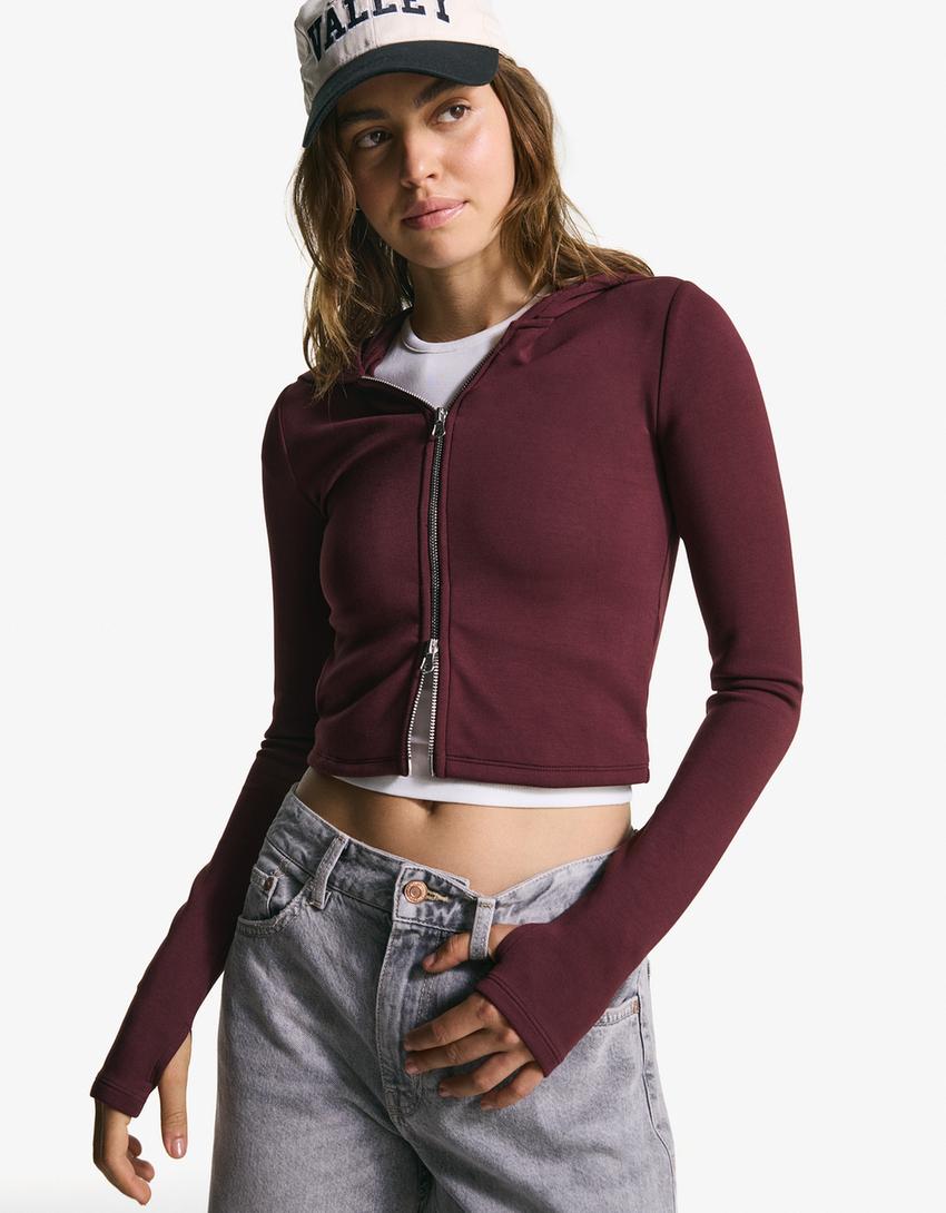Hoodie mit Reißverschluss Modal und Kapuze-Bordeaux-2