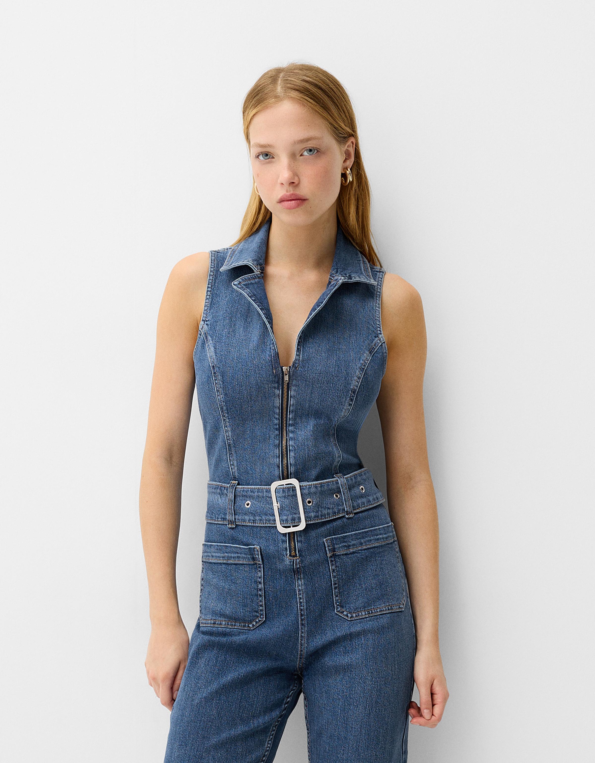 Bershka Denim-Jumpsuit Mit Neckholder Damen L Ausgewaschenes Blau