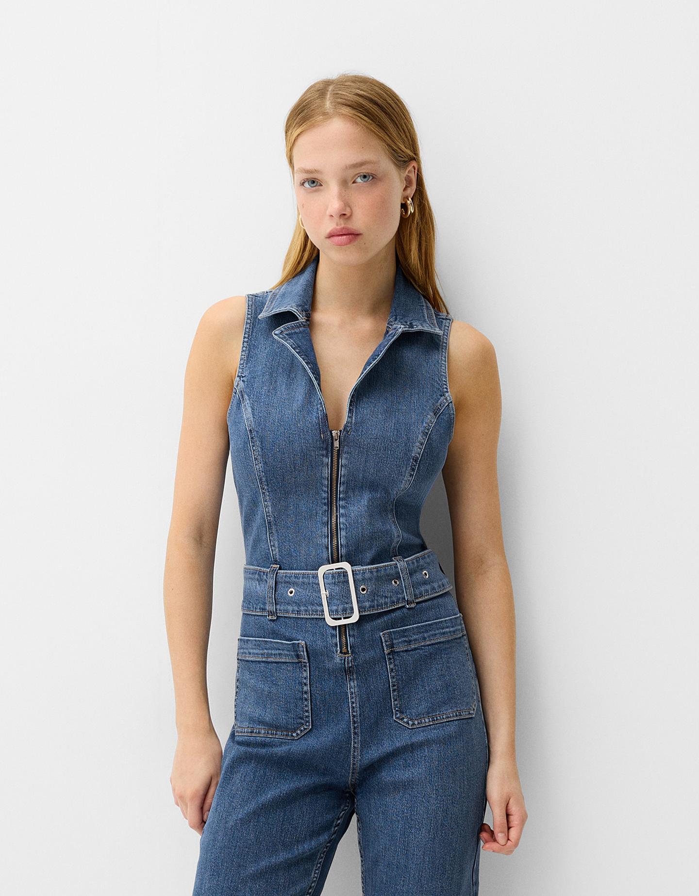 Bershka Tuta In Denim Con Collo Halter Donna M Azzurro Lavato